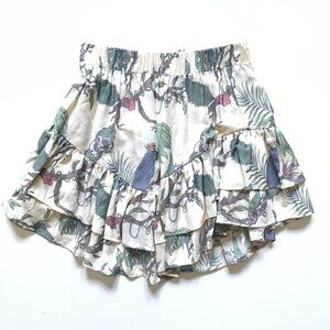 NWT Lobo Rosa Mini Skirt Womens Small Blue Green Jungle Bird Print Ruffle NEW